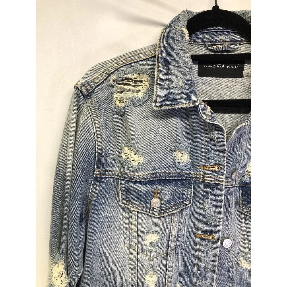 Mustard Seed distress Embroidered Denim Jean Jacket w Facts Saying Sz Medium - Picture 4 of 10